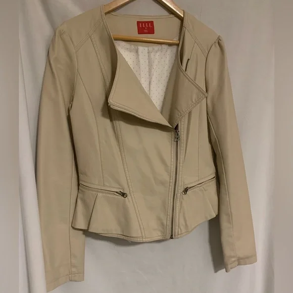 Elle Jackets Coats Cream Faux Leather Peplum Motto Jacket